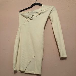 Cream thick rib lace up split detail bodycon dress size Uk 8